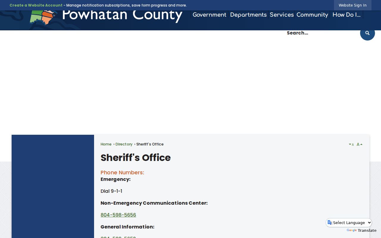 Powhatan County active warrant search: Sheriff's public contact page