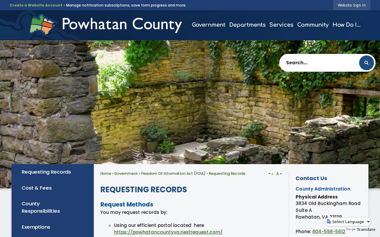 Powhatan County warrant records: county FOIA request methods