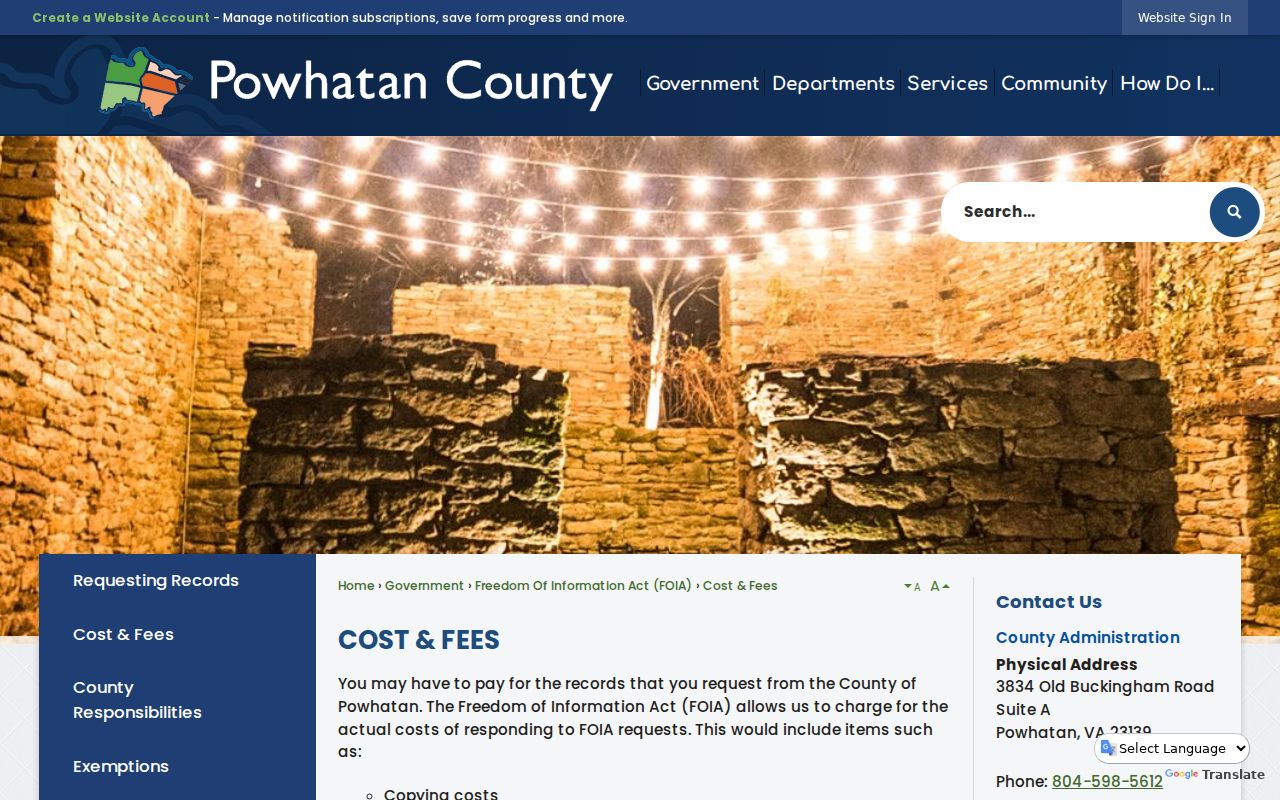 Powhatan County warrant records: county FOIA cost and fee policy