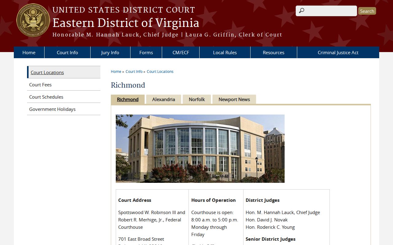 Powhatan County federal warrant reference: Richmond Division federal courthouse